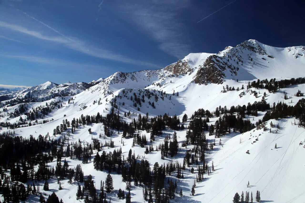Snow-covered alpine slopes in Utah’s Wasatch Mountains